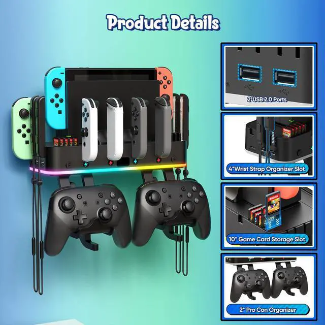 Alt view image 3 of 7 - Switch/OLED Wall Mount with RGB,Switch Organizer with Holder,Charging Dock for Joycon with 15 Light Mode,2 USB Ports,4 Controller Charger,10 Card Slots