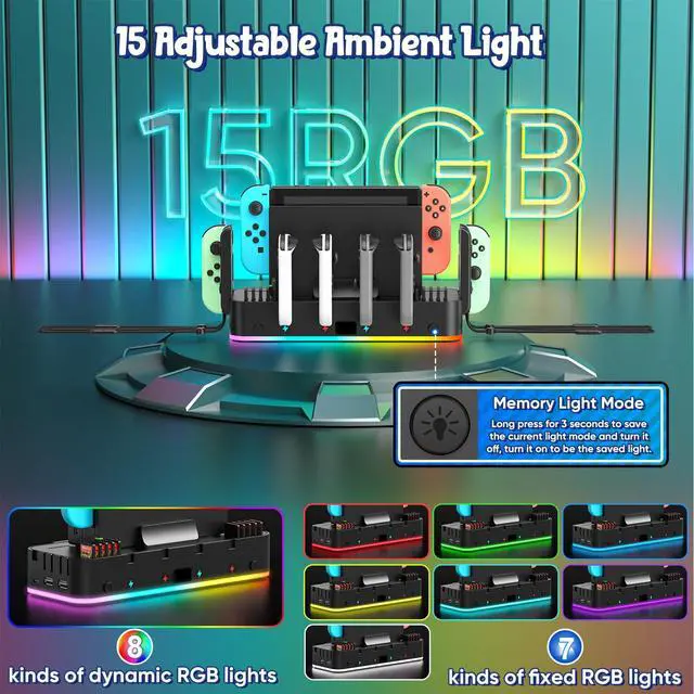 Alt view image 4 of 7 - Switch/OLED Wall Mount with RGB,Switch Organizer with Holder,Charging Dock for Joycon with 15 Light Mode,2 USB Ports,4 Controller Charger,10 Card Slots