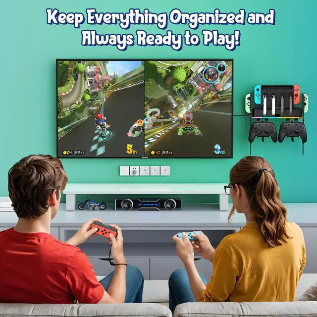 Alt view image 7 of 7 - Switch/OLED Wall Mount with RGB,Switch Organizer with Holder,Charging Dock for Joycon with 15 Light Mode,2 USB Ports,4 Controller Charger,10 Card Slots