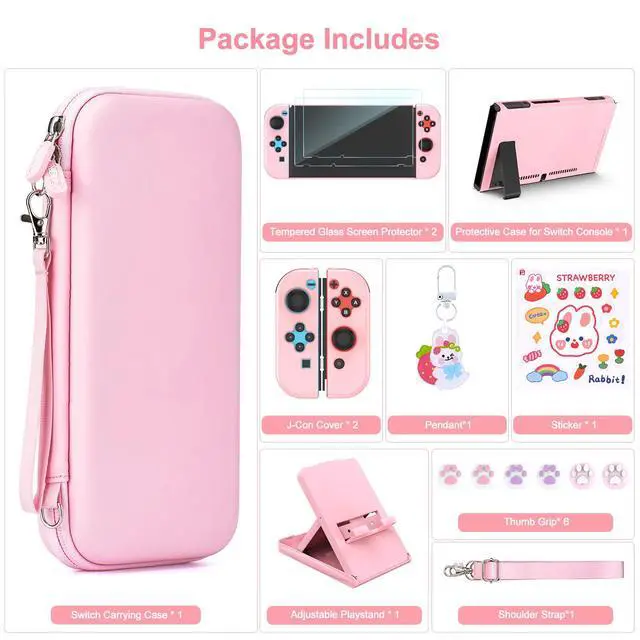 Alt view image 4 of 7 - Switch Accessories Bundle, 17 in 1 Pink Switch Accessories Kit for Girls Include Switch Carrying Case, Adjustable Stand, Protective Case for Switch Console & J-Con Pink