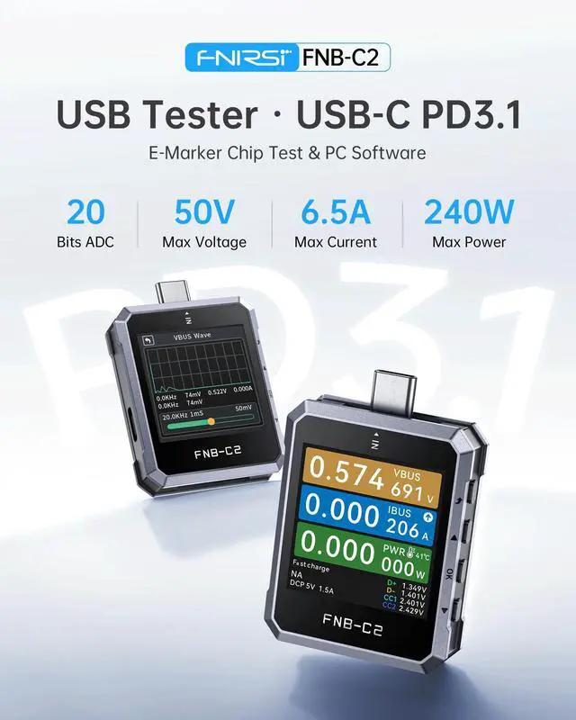 Alt view image 2 of 7 - FNB-C2 PD 3.1 USB C Tester 4-50V 6.5A 240W, USB Power Meter with 20-Bit ADC 7-Digit Display Bi-Directional, 1.54" Screen, Curve View & Gravity Sensor, Supports PPS, QC3.0, E-Marker