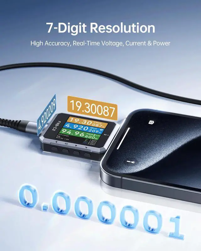 Alt view image 4 of 7 - FNB-C2 PD 3.1 USB C Tester 4-50V 6.5A 240W, USB Power Meter with 20-Bit ADC 7-Digit Display Bi-Directional, 1.54" Screen, Curve View & Gravity Sensor, Supports PPS, QC3.0, E-Marker