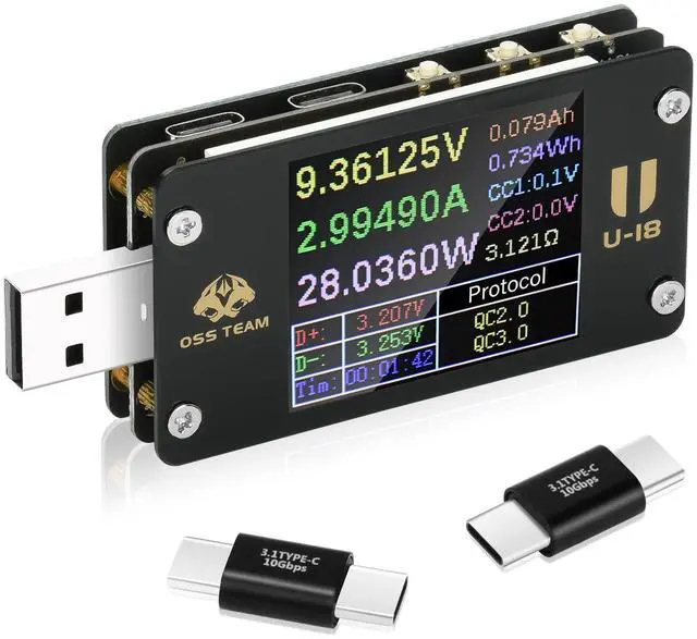 Main image of 2 in 1 Type C USB Tester USB Multimeter USB C Power Mester Tester USB-C Testers DC 4-24V 6A 1.77-inch Multi-Function Voltage and Current Meter QC/PD Protocol Trickle Charger Quick Charge