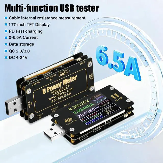 Alt view image 5 of 7 - 2 in 1 Type C USB Tester USB Multimeter USB C Power Mester Tester USB-C Testers DC 4-24V 6A 1.77-inch Multi-Function Voltage and Current Meter QC/PD Protocol Trickle Charger Quick Charge