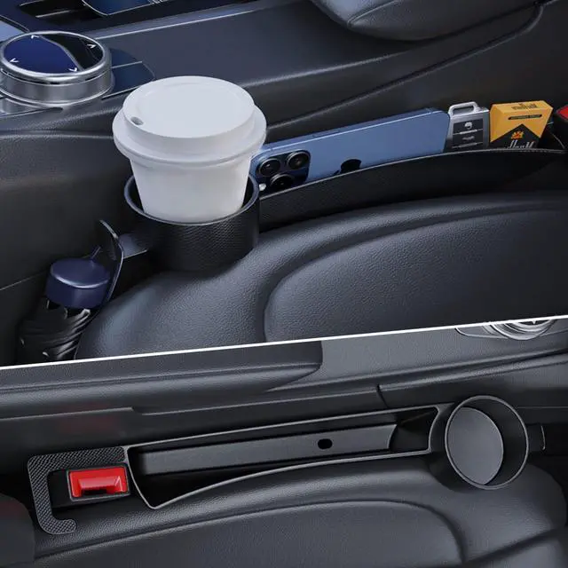 Main image of Car Seat Gap Plug with Storage Slot, Auto Gap Filler Organizer with Cup Holder, Universal Carseat Side Gap Filler Strip 2 Pack Between Front Seats & Console, Anti-Drop Pad with Seatbelt Holes, Black