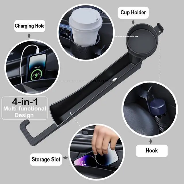 Alt view image 2 of 7 - Car Seat Gap Plug with Storage Slot, Auto Gap Filler Organizer with Cup Holder, Universal Carseat Side Gap Filler Strip 2 Pack Between Front Seats & Console, Anti-Drop Pad with Seatbelt Holes, Black