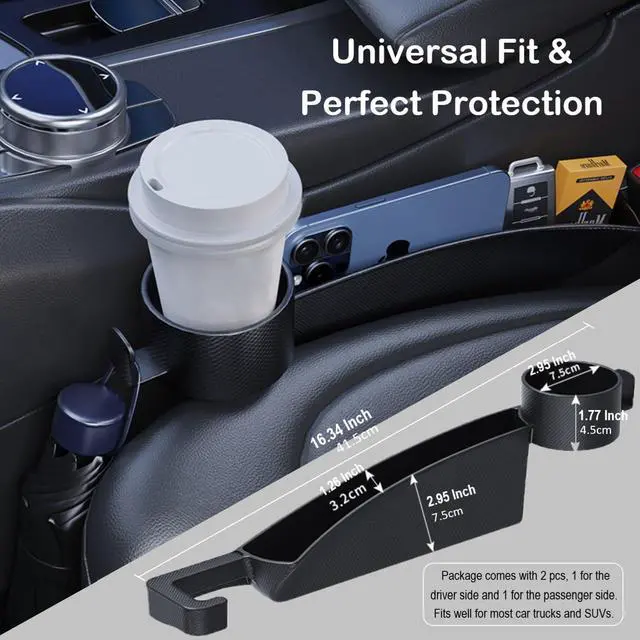 Alt view image 5 of 7 - Car Seat Gap Plug with Storage Slot, Auto Gap Filler Organizer with Cup Holder, Universal Carseat Side Gap Filler Strip 2 Pack Between Front Seats & Console, Anti-Drop Pad with Seatbelt Holes, Black