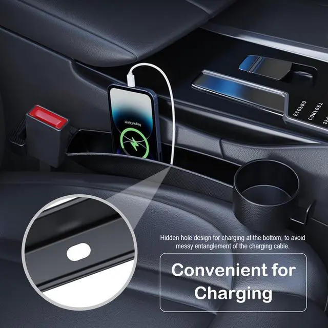 Alt view image 6 of 7 - Car Seat Gap Plug with Storage Slot, Auto Gap Filler Organizer with Cup Holder, Universal Carseat Side Gap Filler Strip 2 Pack Between Front Seats & Console, Anti-Drop Pad with Seatbelt Holes, Black