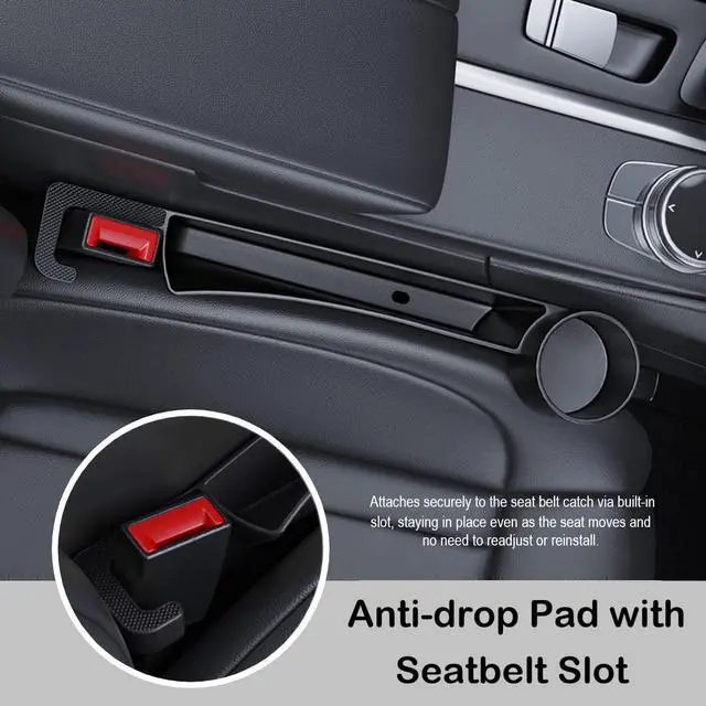 Alt view image 7 of 7 - Car Seat Gap Plug with Storage Slot, Auto Gap Filler Organizer with Cup Holder, Universal Carseat Side Gap Filler Strip 2 Pack Between Front Seats & Console, Anti-Drop Pad with Seatbelt Holes, Black