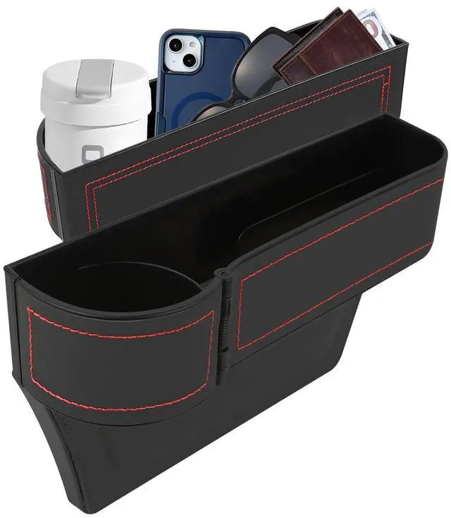 Main image of Car Seat Gap Filler Organizer, Multifunctional Car Seat Organizer with Adjustable Cup Holder, Leather Car Seat Gap Storage Box for Holding Phones, Coins, Cards, Keys, Pens (Black)