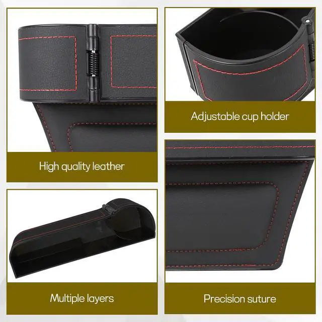 Alt view image 3 of 6 - Car Seat Gap Filler Organizer, Multifunctional Car Seat Organizer with Adjustable Cup Holder, Leather Car Seat Gap Storage Box for Holding Phones, Coins, Cards, Keys, Pens (Black)