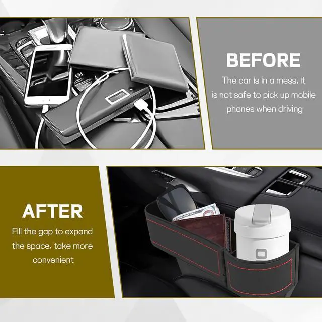 Alt view image 5 of 6 - Car Seat Gap Filler Organizer, Multifunctional Car Seat Organizer with Adjustable Cup Holder, Leather Car Seat Gap Storage Box for Holding Phones, Coins, Cards, Keys, Pens (Black)