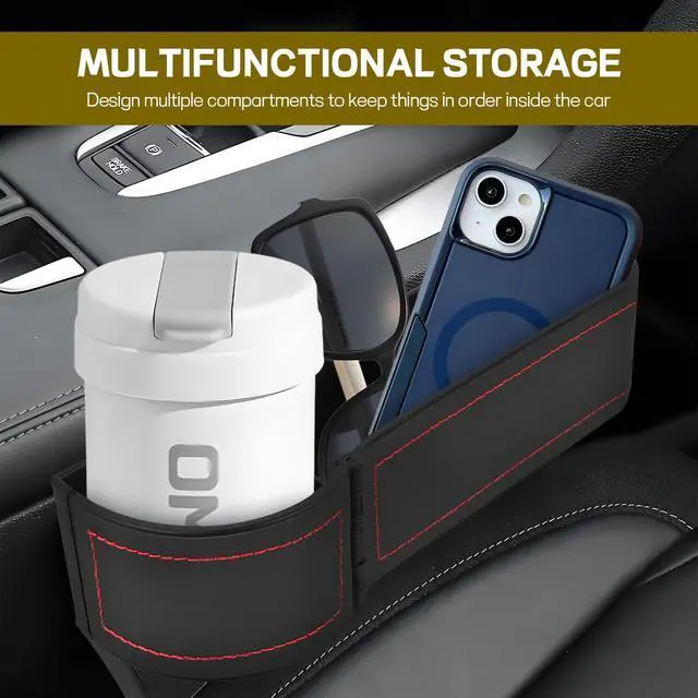 Alt view image 6 of 6 - Car Seat Gap Filler Organizer, Multifunctional Car Seat Organizer with Adjustable Cup Holder, Leather Car Seat Gap Storage Box for Holding Phones, Coins, Cards, Keys, Pens (Black)