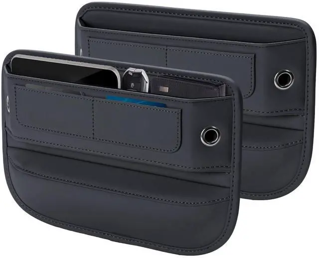 Main image of Universal Fit Premium Leather Car Seat Gap Filler Organizer, Center Console Organizer with Card Slots, Clever Gifts for Car SUV Truck Owners (Black, 2 Pack)