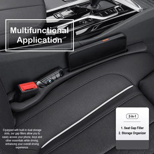 Alt view image 4 of 7 - Car Seat Gap Filler Plug Strip 2 Pack, No-Drop Carseat Side Gap Filler Organizer Catcher with Dual Storage & Seatbelt Slot,Universal Fit Fill The Gap Between Seats & Console for Car SUV Truck, Black