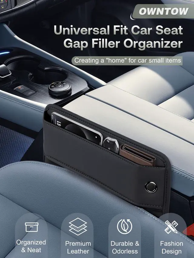 Alt view image 2 of 7 - Premium Leather Car Seat Gap Filler Organizer (0.2-1.2" Gaps), Clever Gifts for Car SUV Truck Owners (Black, 2 Pack)