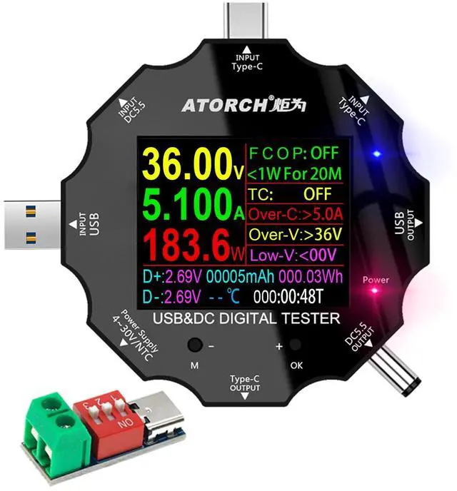 Main image of USB C Tester, 3 in 1 Type C DC5.5 USB Meter USB Load Color Screen IPS Digital Multimeter,Voltage,Current,Power,Resistance,Capacity Detector PD2.0/PD3.0,QC2.0/QC3.0