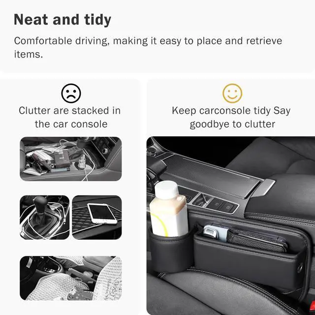 Alt view image 5 of 7 - Car Seat Gap Filler Organizer with Cup Holder, Premium PU Leather Interior Accessories for Phone,Sunglasses,Keys, and Small Items, Universal Fit for Car, SUV and Truck,2-Packs Black