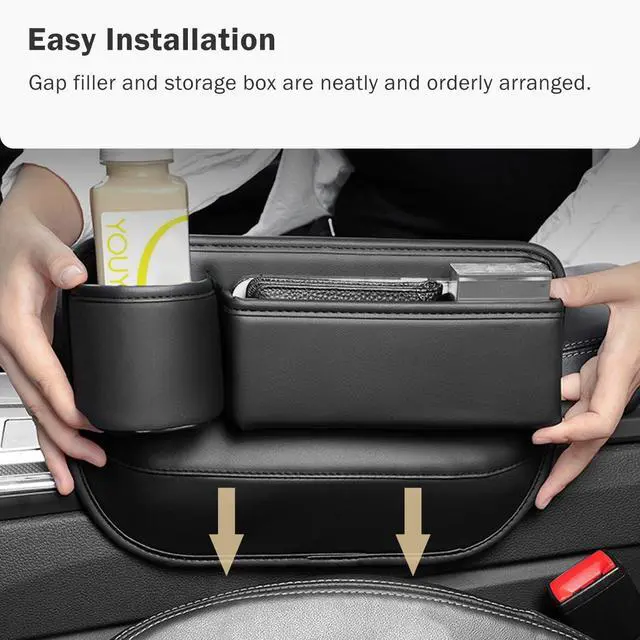 Alt view image 4 of 7 - Car Seat Gap Filler Organizer with Cup Holder, Premium PU Leather Interior Accessories for Phone,Sunglasses,Keys, and Small Items, Universal Fit for Car, SUV and Truck,2-Packs Black