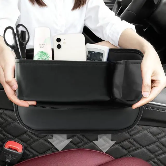 Alt view image 3 of 7 - 2-Pack Car Seat Gap Filler Organizer, Leather Storage Box with Cup Holder for Driver & Passenger Side, Gap Bag Front Seat Car Storage Accessories for Phone Keys Sunglasses Wallet(COLOR:Black)