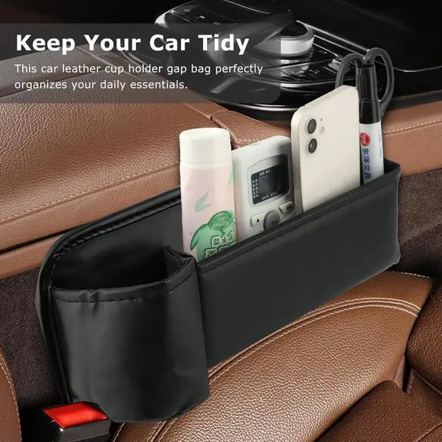 Alt view image 4 of 7 - 2-Pack Car Seat Gap Filler Organizer, Leather Storage Box with Cup Holder for Driver & Passenger Side, Gap Bag Front Seat Car Storage Accessories for Phone Keys Sunglasses Wallet(COLOR:Black)