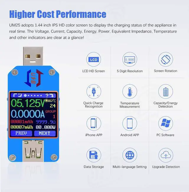 Alt view image 3 of 7 - UM25C 1.44 Inch 5A USB 2.0 Type C Tester Voltage Current Power Charger Voltmeter Ammeter Multimeter Measure Cable Resistance Load Impedance Measurement Tester Support APP(UM25C)