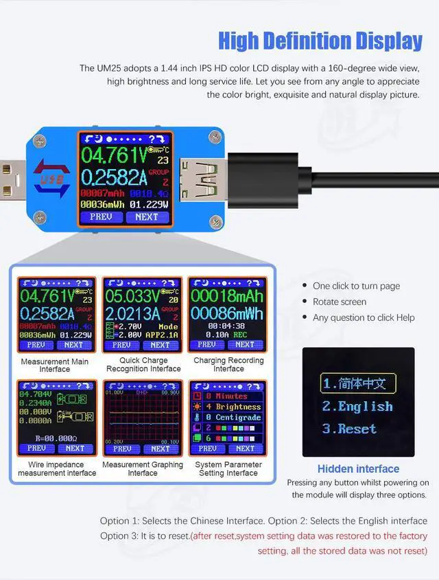 Alt view image 4 of 7 - UM25C 1.44 Inch 5A USB 2.0 Type C Tester Voltage Current Power Charger Voltmeter Ammeter Multimeter Measure Cable Resistance Load Impedance Measurement Tester Support APP(UM25C)