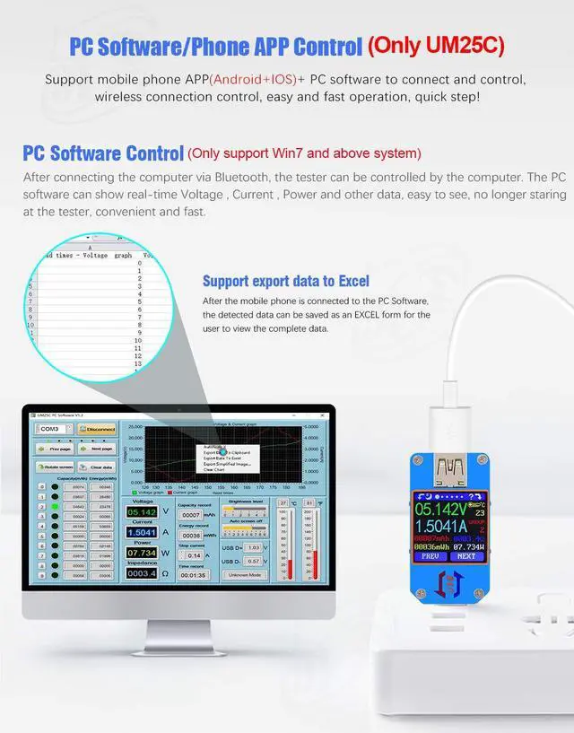 Alt view image 5 of 7 - UM25C 1.44 Inch 5A USB 2.0 Type C Tester Voltage Current Power Charger Voltmeter Ammeter Multimeter Measure Cable Resistance Load Impedance Measurement Tester Support APP(UM25C)