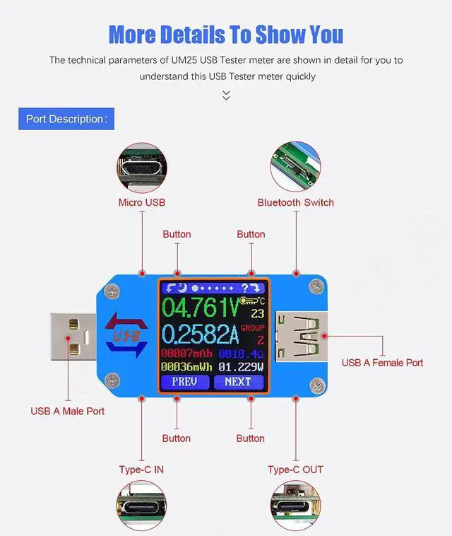 Alt view image 7 of 7 - UM25C 1.44 Inch 5A USB 2.0 Type C Tester Voltage Current Power Charger Voltmeter Ammeter Multimeter Measure Cable Resistance Load Impedance Measurement Tester Support APP(UM25C)
