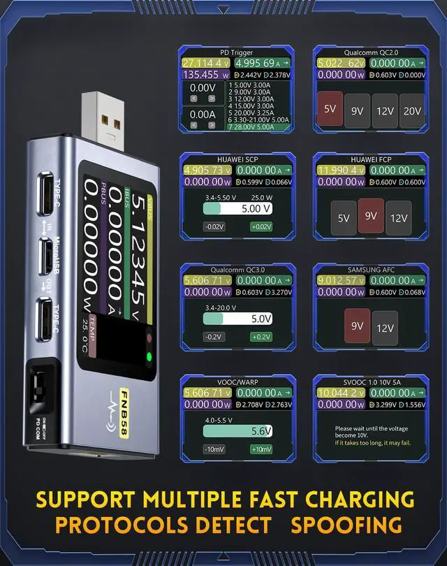 Alt view image 2 of 6 - Upgraded Model USB Tester with Bluetooth, USB Power Multimeter 4-28V 7A LCD USB A&C Voltage Current Power Tester Fast Charge Detection Capacity Measurement, PD2.0/PD3.0,QC2.0/QC3.0