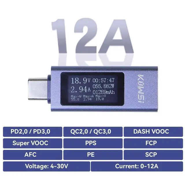 Alt view image 5 of 6 - USB C Tester, Type C Power Meter Voltage Current Ammeter Voltmeter, Capacity Power Detector with LED Display for Fast Charging Charger Detection