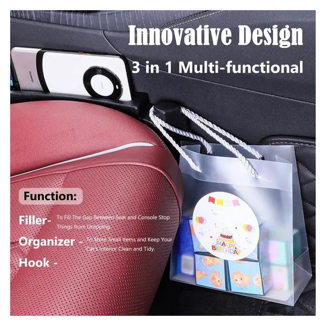 Alt view image 2 of 7 - Car Seat Gap Filler Organizer 2 Pack, 3in1 Carseat Side Gap Plug with Filler, Organizer & Hook Functions, Gap Space Stopper Universal Fit Car SUV Truck Fill the Gap Between Seat & Console, Black