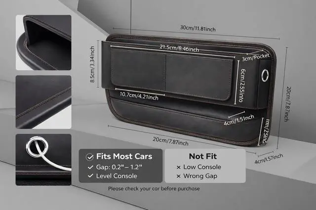 Alt view image 3 of 7 - Car Seat Gap Organizer - Premium PU Leather Gap Filler with Storage Pockets, Universal Fit for Car, Truck, SUV - Prevents Phone, Keys from Falling Between Seats, Black