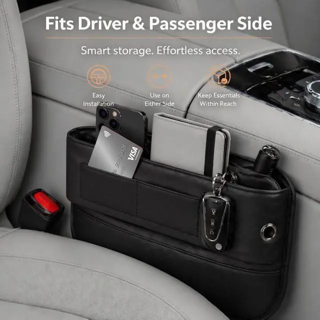 Alt view image 5 of 7 - Car Seat Gap Organizer - Premium PU Leather Gap Filler with Storage Pockets, Universal Fit for Car, Truck, SUV - Prevents Phone, Keys from Falling Between Seats, Black