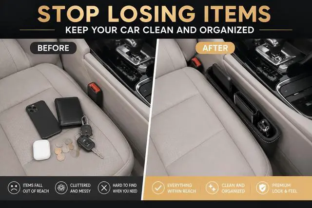Alt view image 2 of 7 - Car Seat Gap Organizer - Premium PU Leather Gap Filler with Storage Pockets, Universal Fit for Car, Truck, SUV - Prevents Phone, Keys from Falling Between Seats, Black