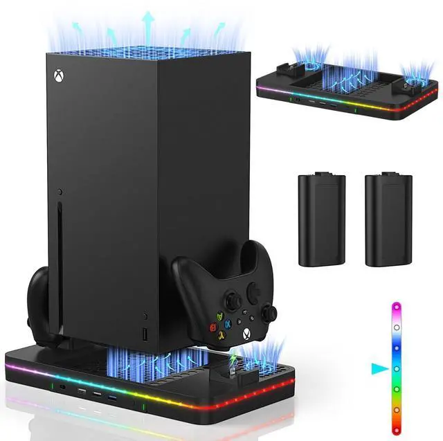 Main image of Charging Stand with Cooling Fan, Vertical Stand Compatible with Xbox Series X/S Console&Controller, Dual Controller Charger Station Dock with 3 USB Ports,2*1100 mAh Rechargeable Battery Packs