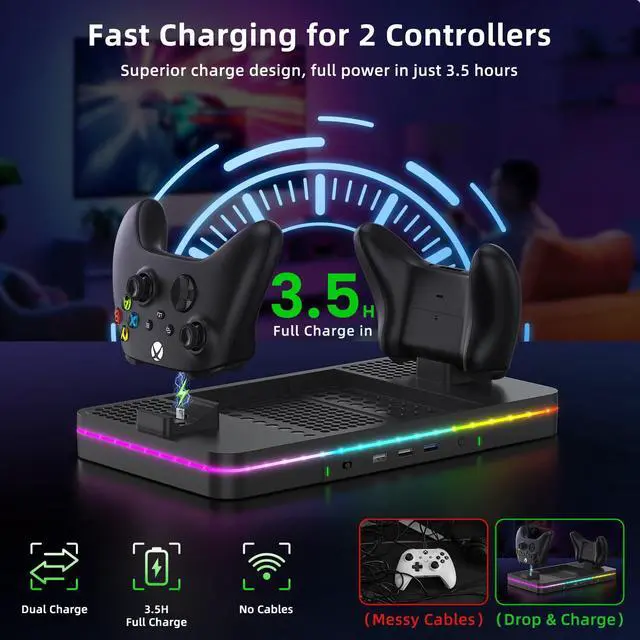 Alt view image 4 of 7 - Charging Stand with Cooling Fan, Vertical Stand Compatible with Xbox Series X/S Console&Controller, Dual Controller Charger Station Dock with 3 USB Ports,2*1100 mAh Rechargeable Battery Packs