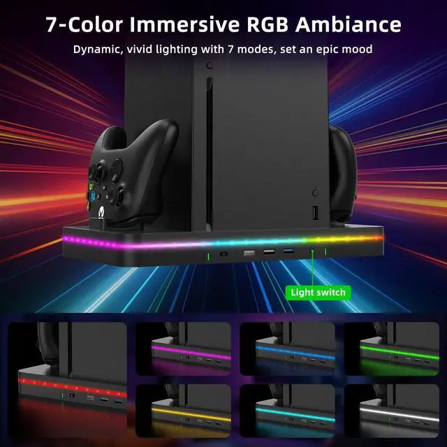 Alt view image 6 of 7 - Charging Stand with Cooling Fan, Vertical Stand Compatible with Xbox Series X/S Console&Controller, Dual Controller Charger Station Dock with 3 USB Ports,2*1100 mAh Rechargeable Battery Packs