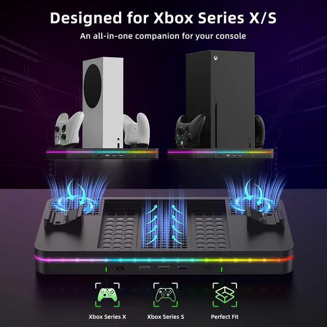 Alt view image 7 of 7 - Charging Stand with Cooling Fan, Vertical Stand Compatible with Xbox Series X/S Console&Controller, Dual Controller Charger Station Dock with 3 USB Ports,2*1100 mAh Rechargeable Battery Packs