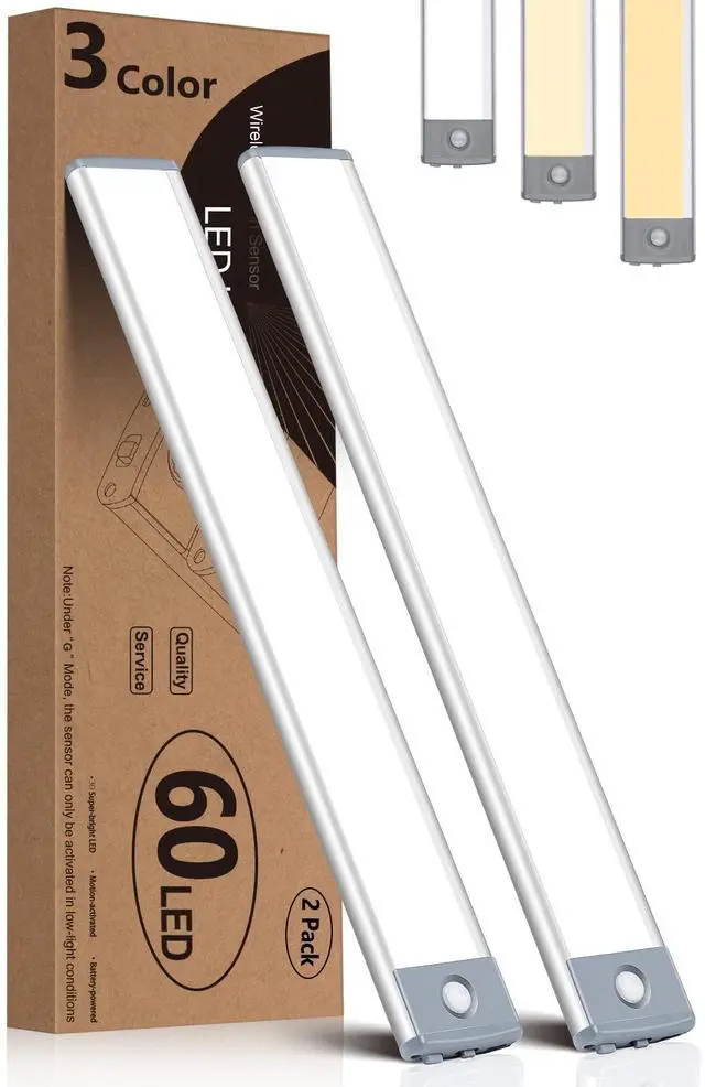 Main image of Motion Sensor Under Cabinet Lighting 3 Color Temperatures, 60-LED Wireless Closet Light, USB-C Rechargeable Battery Powered Operated Lights, Magnetic Activated Cupboard Night Light 2 Pack
