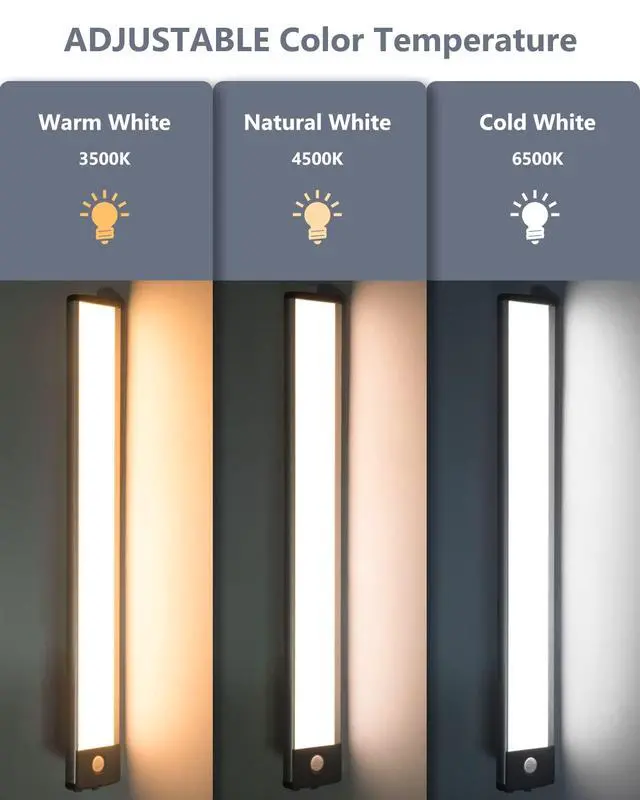 Alt view image 2 of 7 - Motion Sensor Under Cabinet Lighting 3 Color Temperatures, 60-LED Wireless Closet Light, USB-C Rechargeable Battery Powered Operated Lights, Magnetic Activated Cupboard Night Light 2 Pack