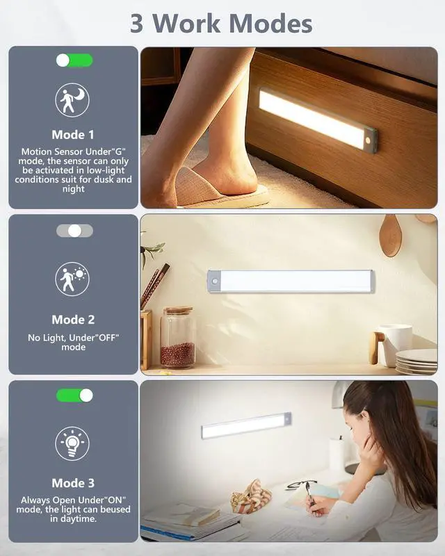 Alt view image 5 of 7 - Motion Sensor Under Cabinet Lighting 3 Color Temperatures, 60-LED Wireless Closet Light, USB-C Rechargeable Battery Powered Operated Lights, Magnetic Activated Cupboard Night Light 2 Pack