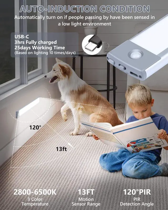 Alt view image 7 of 7 - Motion Sensor Under Cabinet Lighting 3 Color Temperatures, 60-LED Wireless Closet Light, USB-C Rechargeable Battery Powered Operated Lights, Magnetic Activated Cupboard Night Light 2 Pack