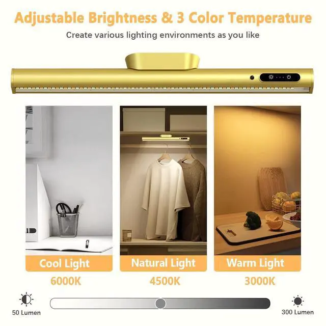 Alt view image 2 of 6 - Rechargeable Magnetic LED Light Bar with Remote, Under Cabinet Lighting Wireless, Battery Powered Operated Wall Strip Lights, Dimmable Desk Lamp for Picture Mirror Closet Room Gold