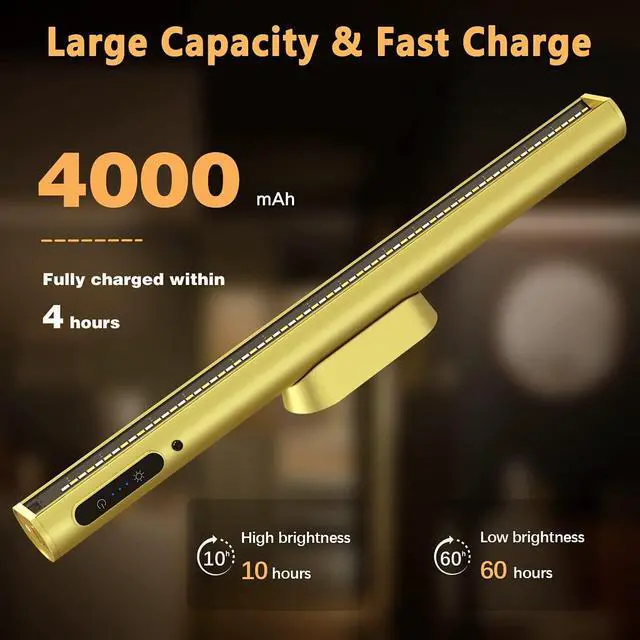Alt view image 3 of 6 - Rechargeable Magnetic LED Light Bar with Remote, Under Cabinet Lighting Wireless, Battery Powered Operated Wall Strip Lights, Dimmable Desk Lamp for Picture Mirror Closet Room Gold