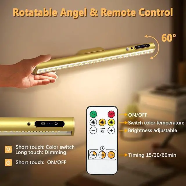 Alt view image 4 of 6 - Rechargeable Magnetic LED Light Bar with Remote, Under Cabinet Lighting Wireless, Battery Powered Operated Wall Strip Lights, Dimmable Desk Lamp for Picture Mirror Closet Room Gold