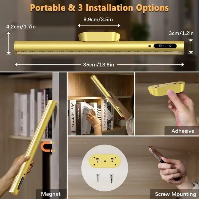 Alt view image 5 of 6 - Rechargeable Magnetic LED Light Bar with Remote, Under Cabinet Lighting Wireless, Battery Powered Operated Wall Strip Lights, Dimmable Desk Lamp for Picture Mirror Closet Room Gold