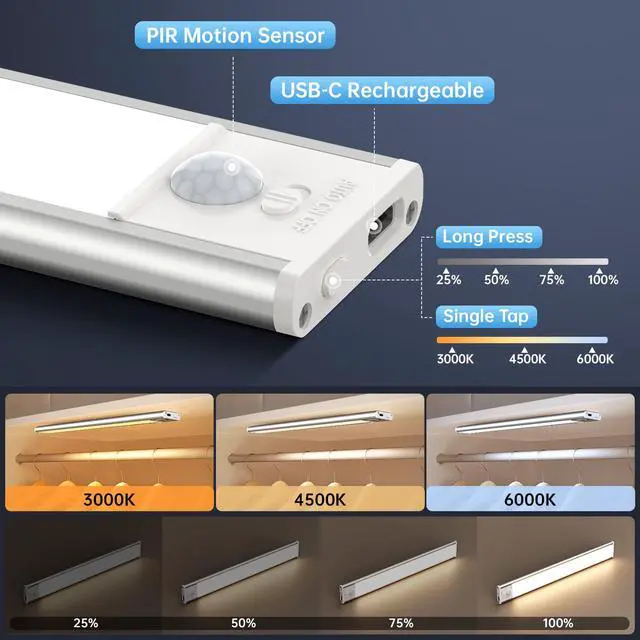 Alt view image 5 of 7 - Under Cabinet Lighting,74 LED 2200mAh Rechargeable,Motion Sensor Light,3 Colors Dimmable,Magnetic Closet Lights,Indoor Night Lights for Kitchen Bedroom Stairs 5 Pack