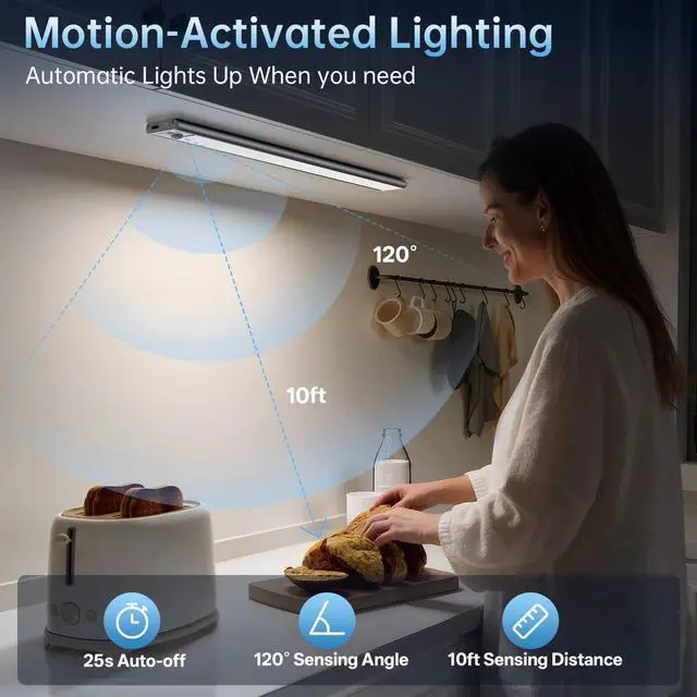Alt view image 3 of 7 - Under Cabinet Lighting,74 LED 2200mAh Rechargeable,Motion Sensor Light,3 Colors Dimmable,Magnetic Closet Lights,Indoor Night Lights for Kitchen Bedroom Stairs 5 Pack