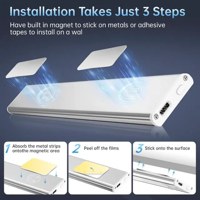 Alt view image 6 of 7 - Under Cabinet Lighting,74 LED 2200mAh Rechargeable,Motion Sensor Light,3 Colors Dimmable,Magnetic Closet Lights,Indoor Night Lights for Kitchen Bedroom Stairs 5 Pack